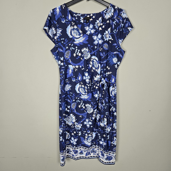 Talbots Womens Effortless Jersey Dress Size L Blue Midi Tie Floral Feminine - Picture 1 of 9